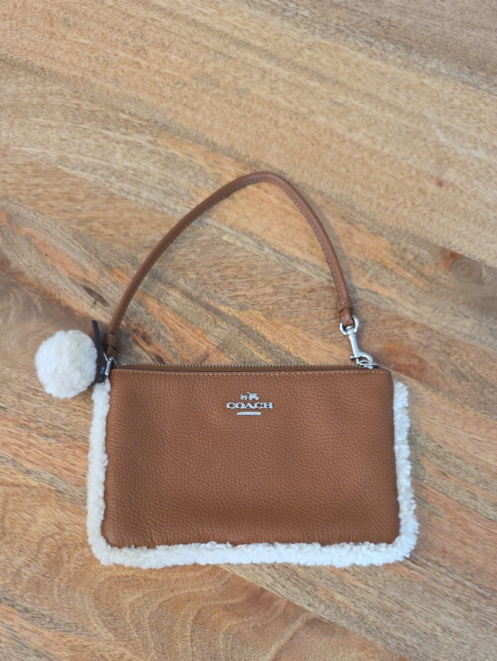 Coach Brown Leather Wristlet with Shearling Trim